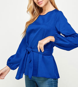 Royal Blue Tie Waist Bow Blouse