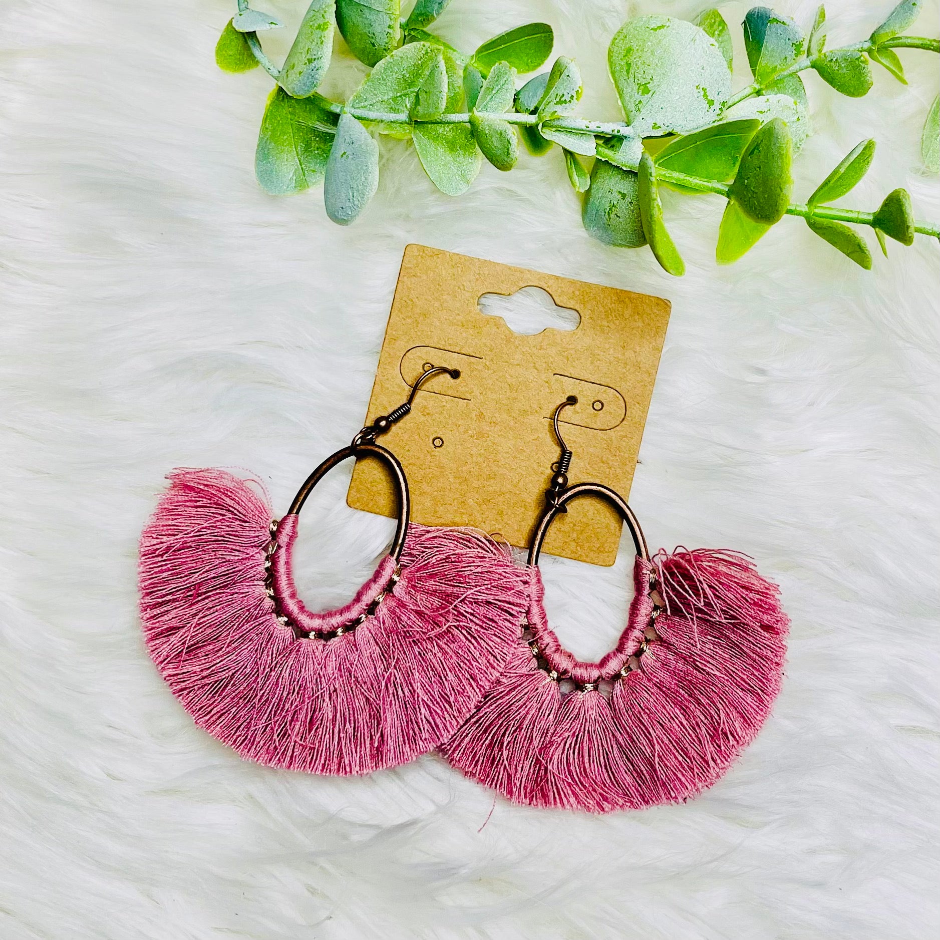 Mauve Tassel Bronze Oval Earrings