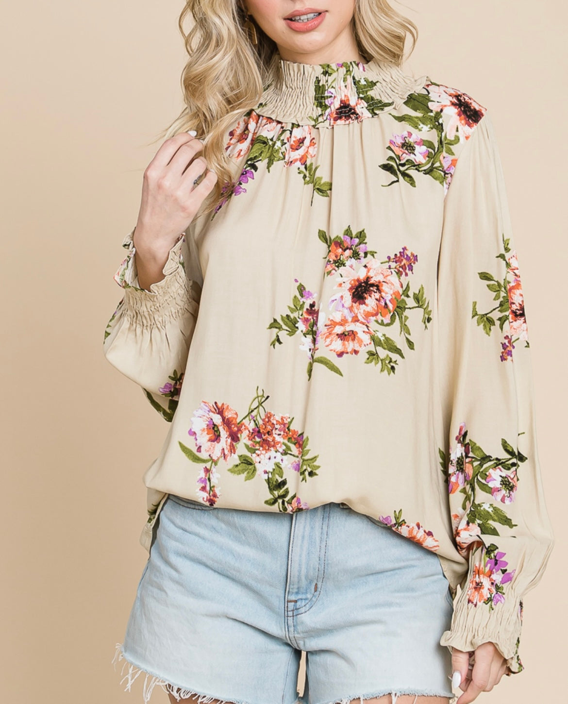 TAUPE KEYHOLE FLORAL LONGSLEEVE TOP