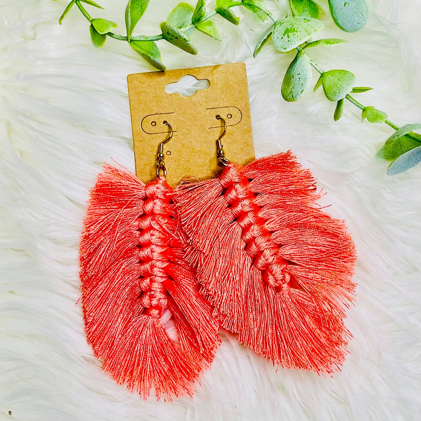 Coral Weaved Tassel Earrings