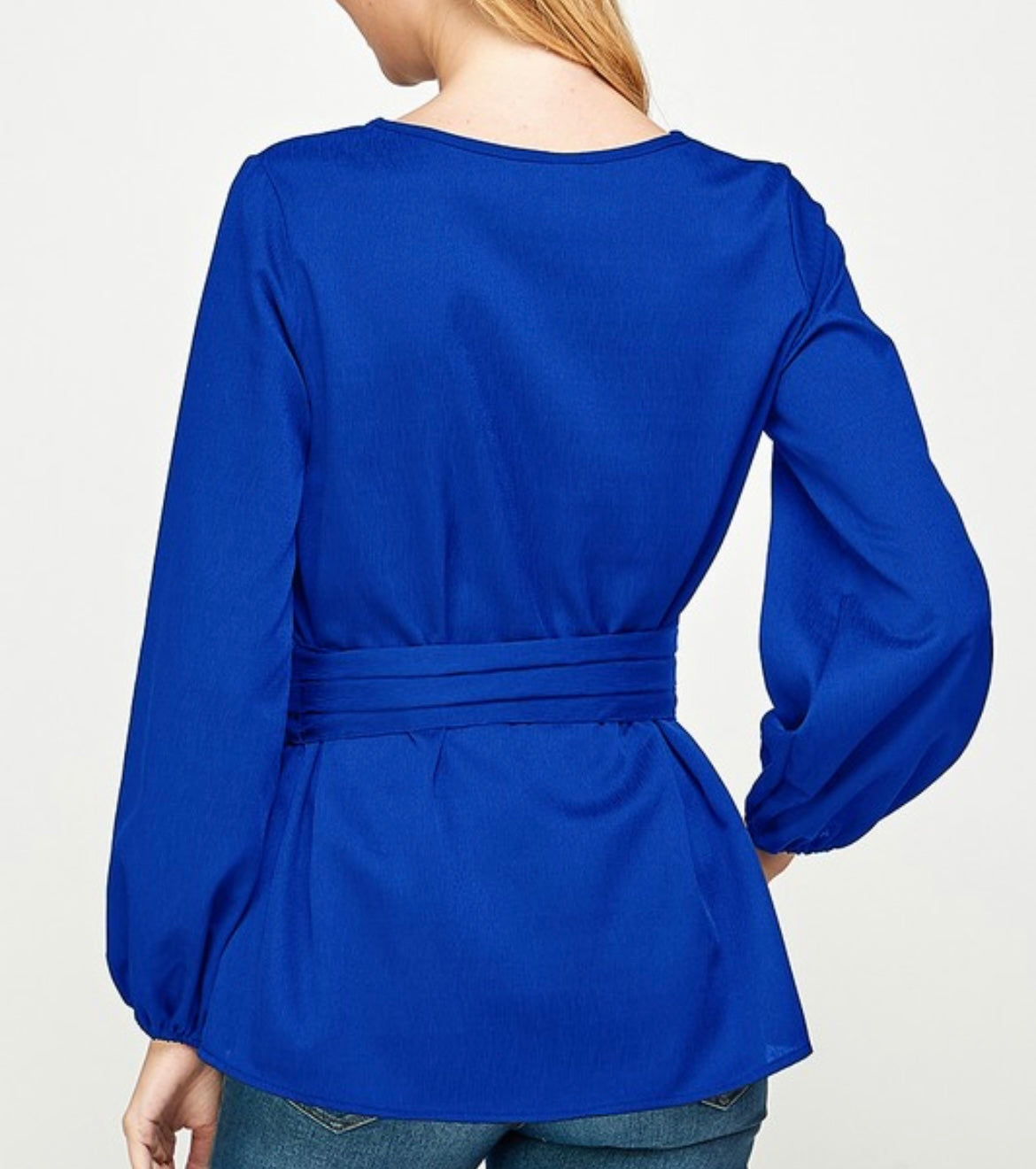 Royal Blue Tie Waist Bow Blouse