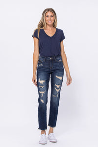 Judy Blue Darkwash Mid Rise Destroyed Boyfriend Jeans - PLUS