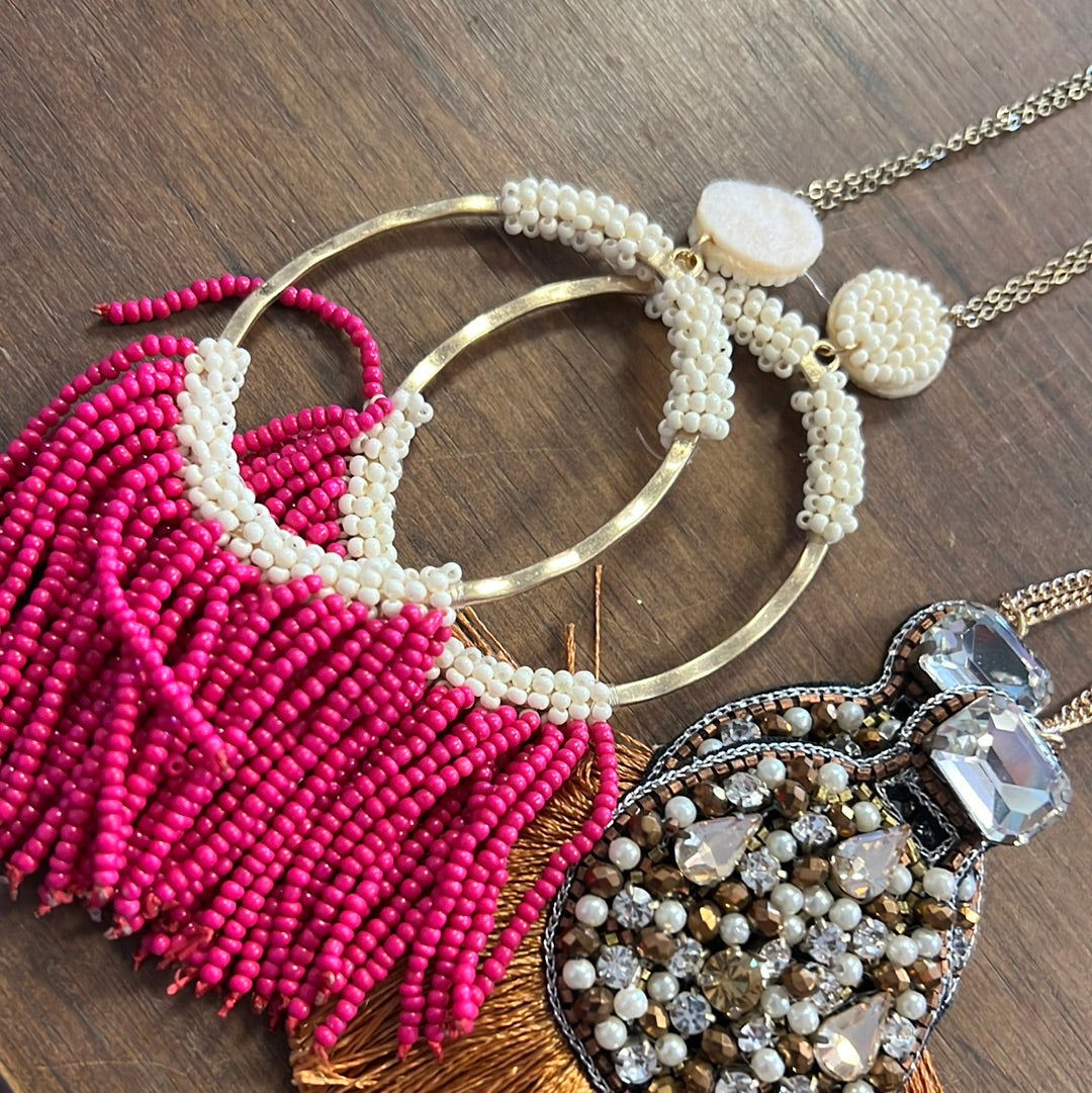 Magenta Seedbbead Tassel Necklace
