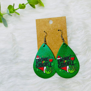 Grinch Faux Leather Teardrop Earrings