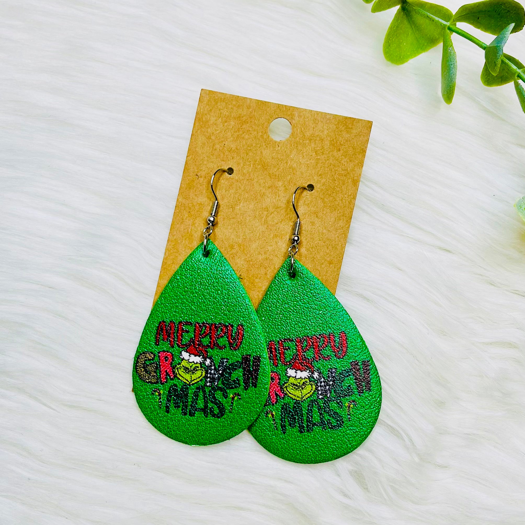 Grinch Faux Leather Teardrop Earrings