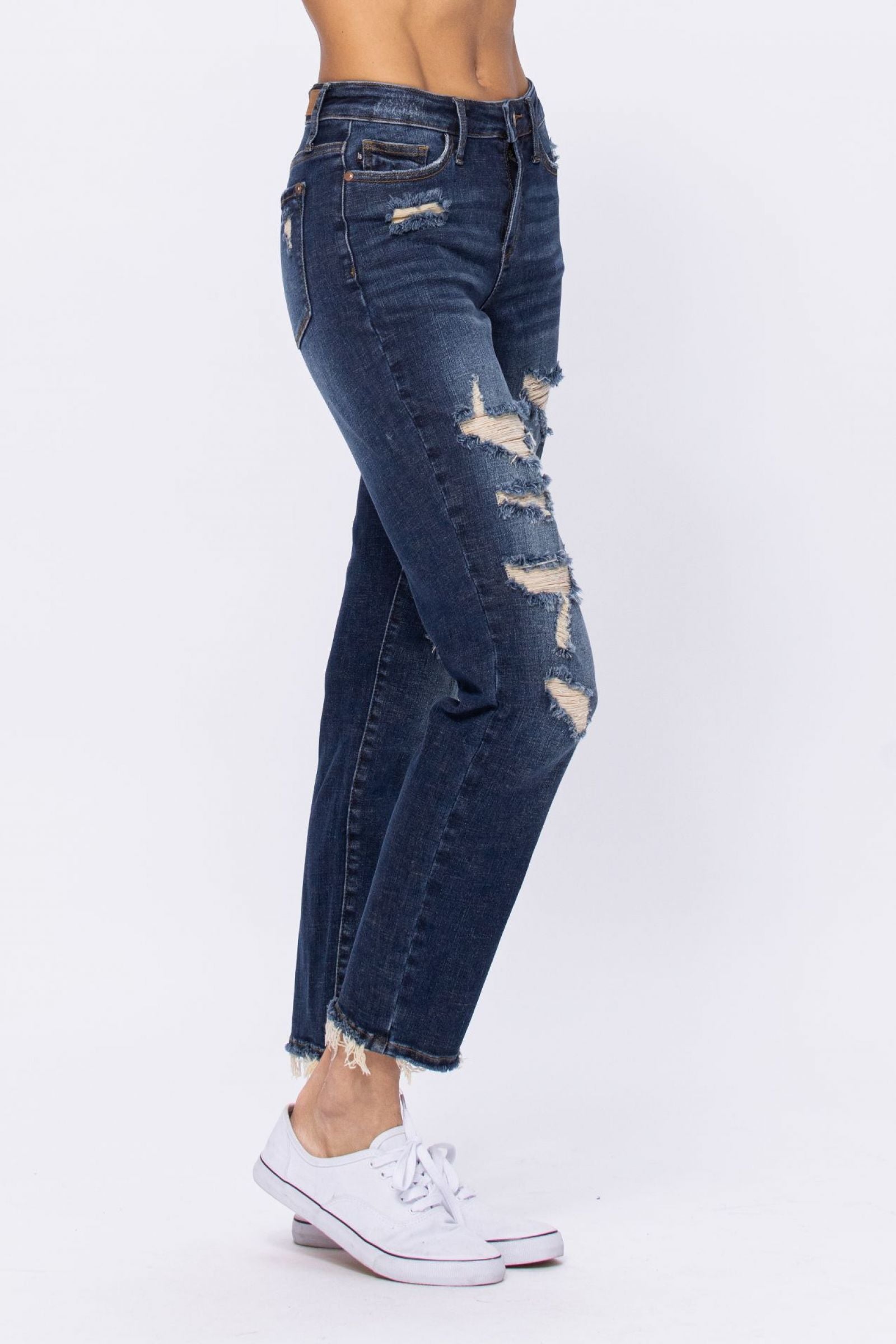 Judy Blue Darkwash Mid Rise Destroyed Boyfriend Jeans - PLUS