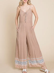 TAUPE PRINTED STRAPPY FLARE PANT JUMPSUIT