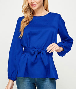 Royal Blue Tie Waist Bow Blouse