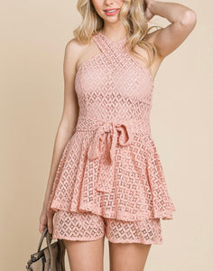 PEACH CROCHET DETAIL TWIST NECK ROMPER