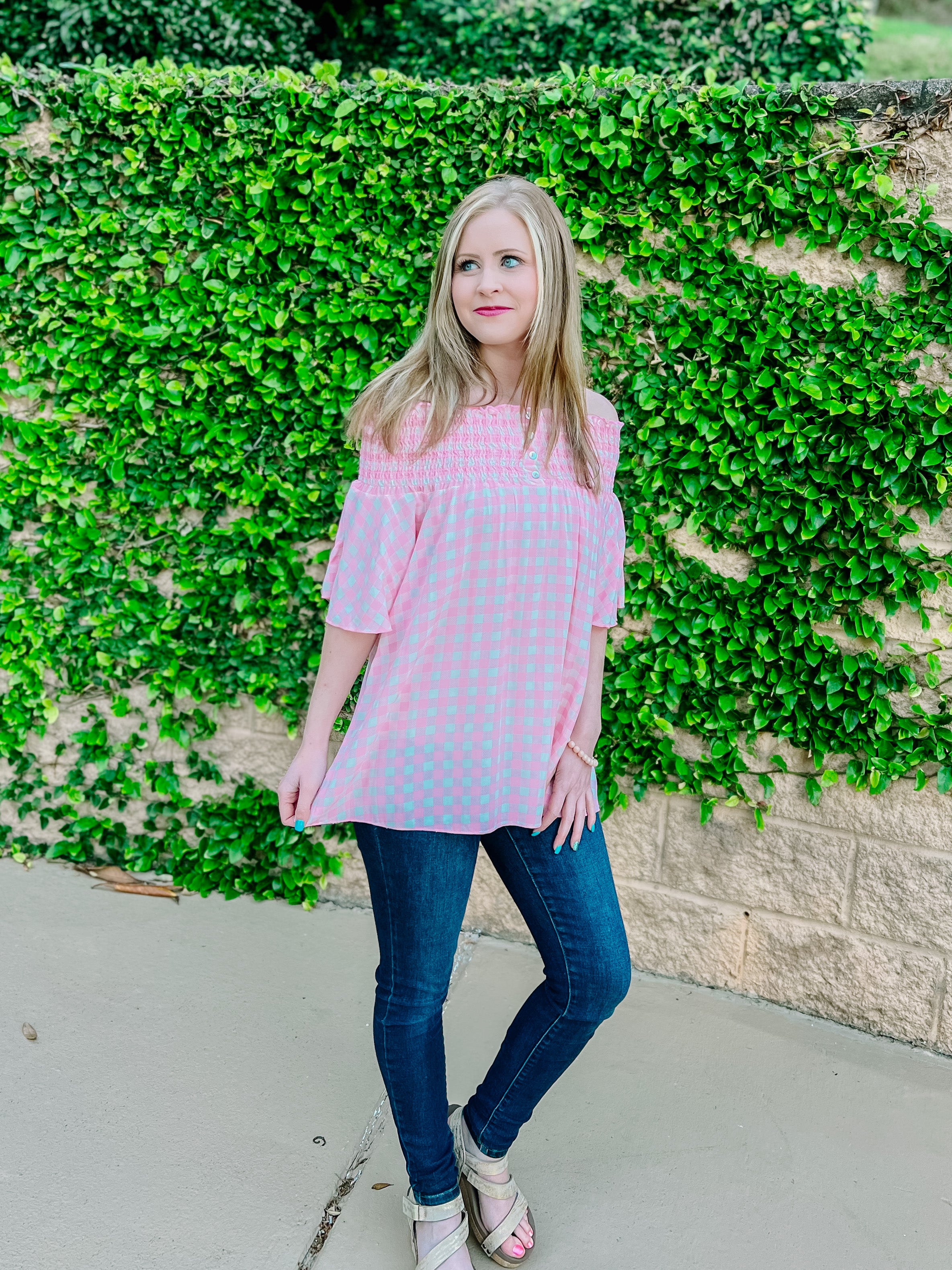 Pink Gingham Off Shoulder Button Blouse-PLUS