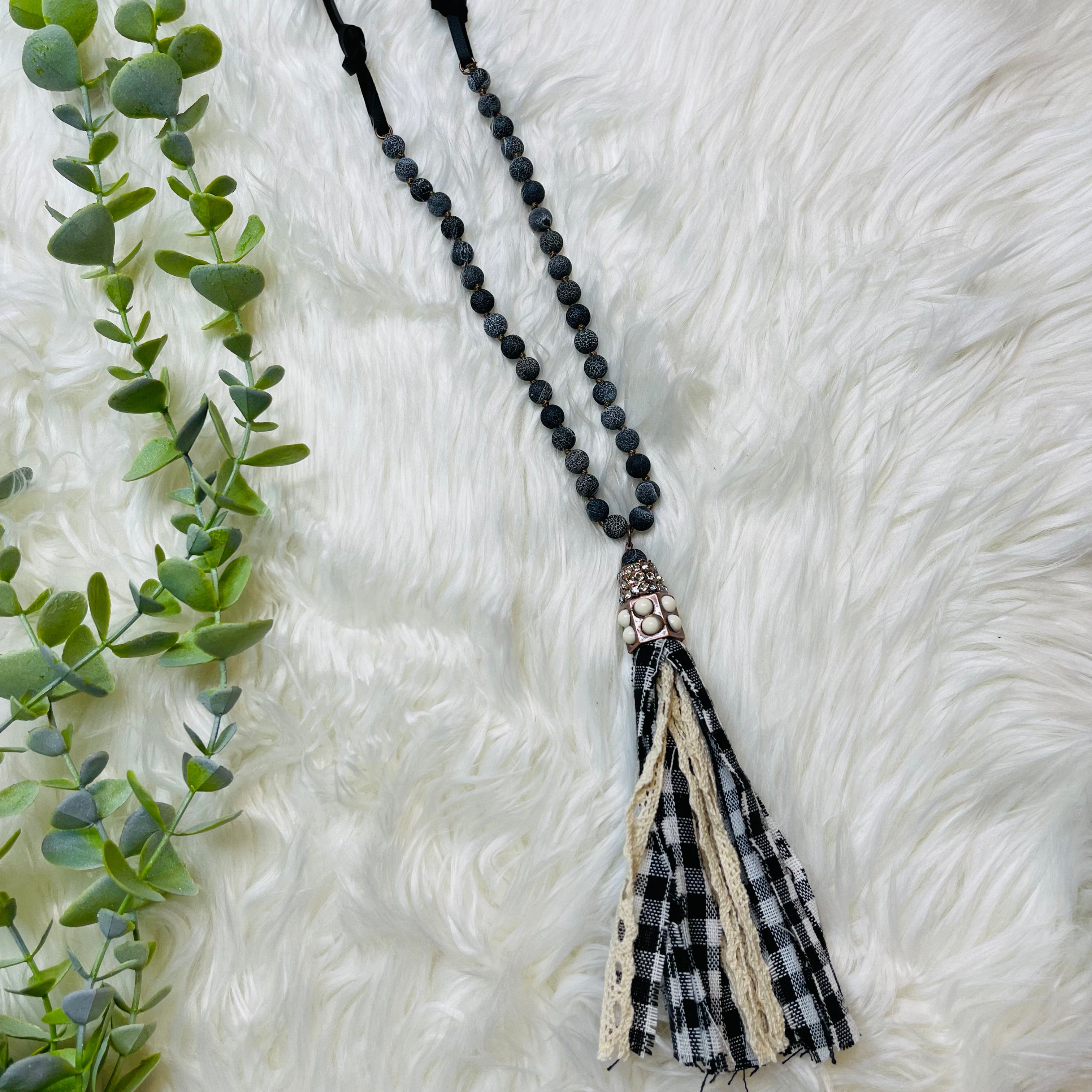 Woven Black Gingham Tassel Necklace