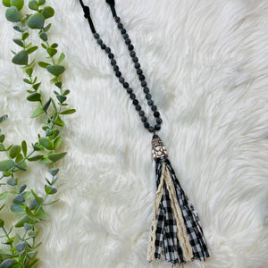 Woven Black Gingham Tassel Necklace