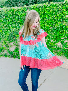 Teal Coral Ethnic Print Lace Ruffle Woven Top-PLUS