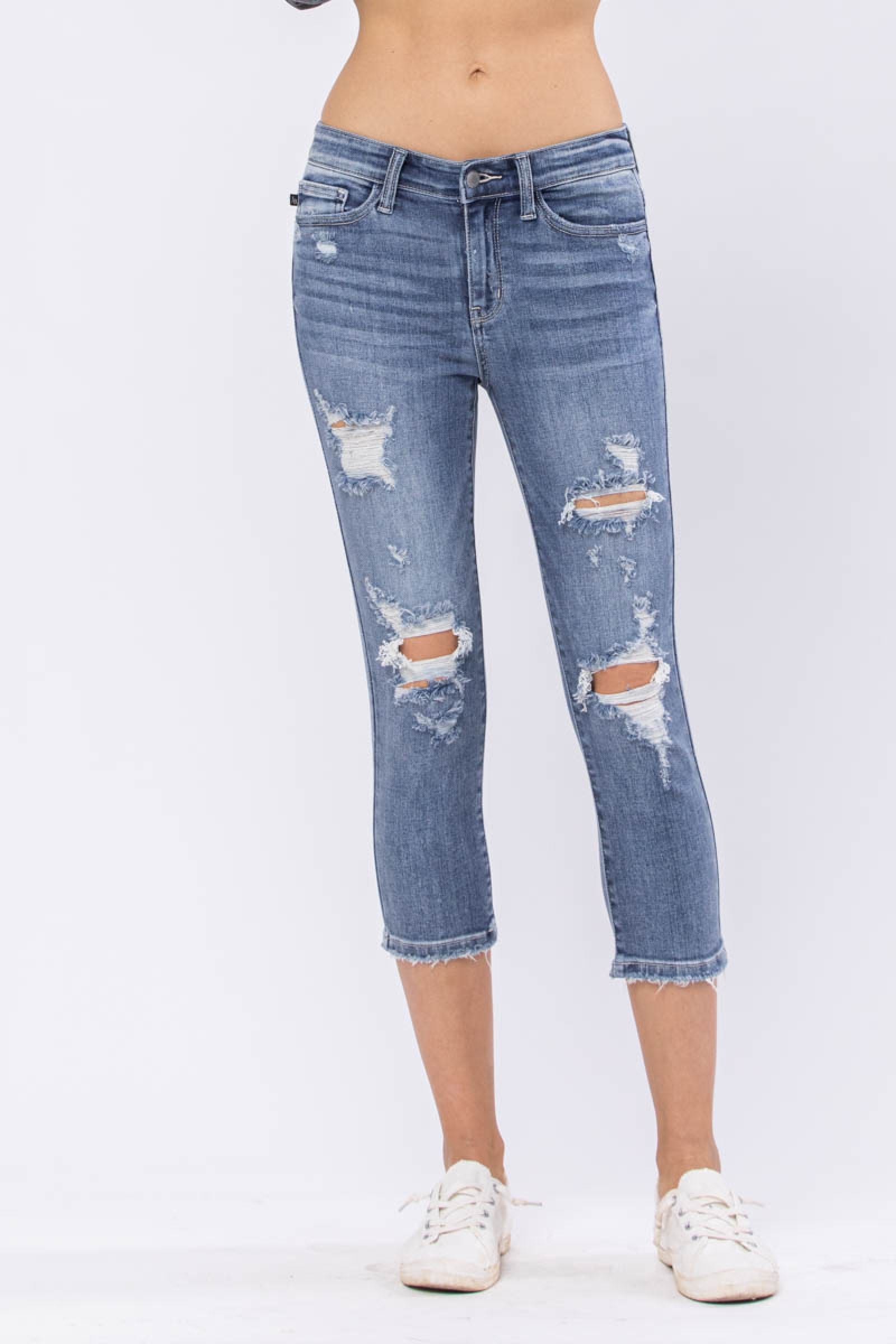 Mid Rise Destroyed Judy Blue Capris Denim - PLUS 22W