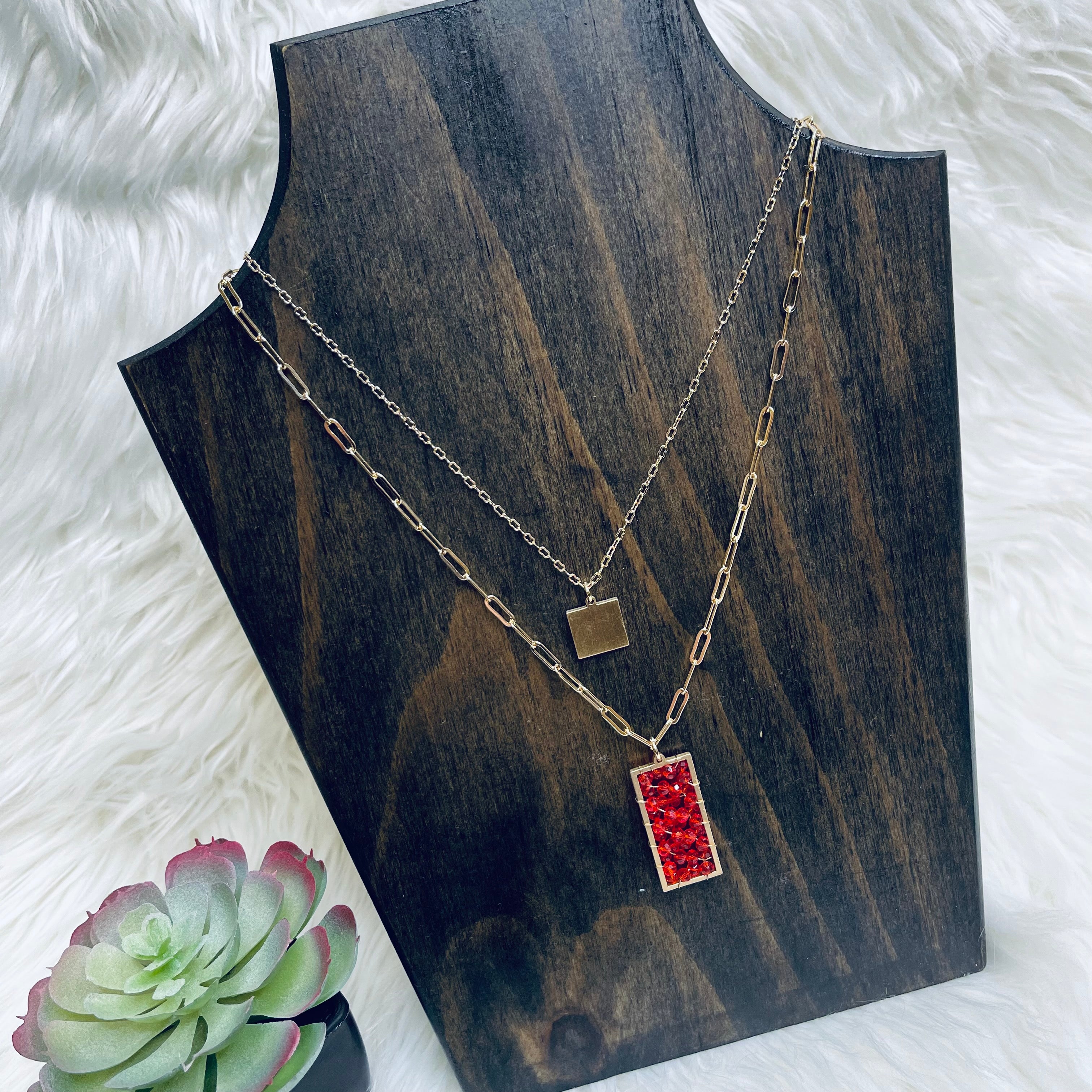 Red Crystal Rectangle Layered Necklace