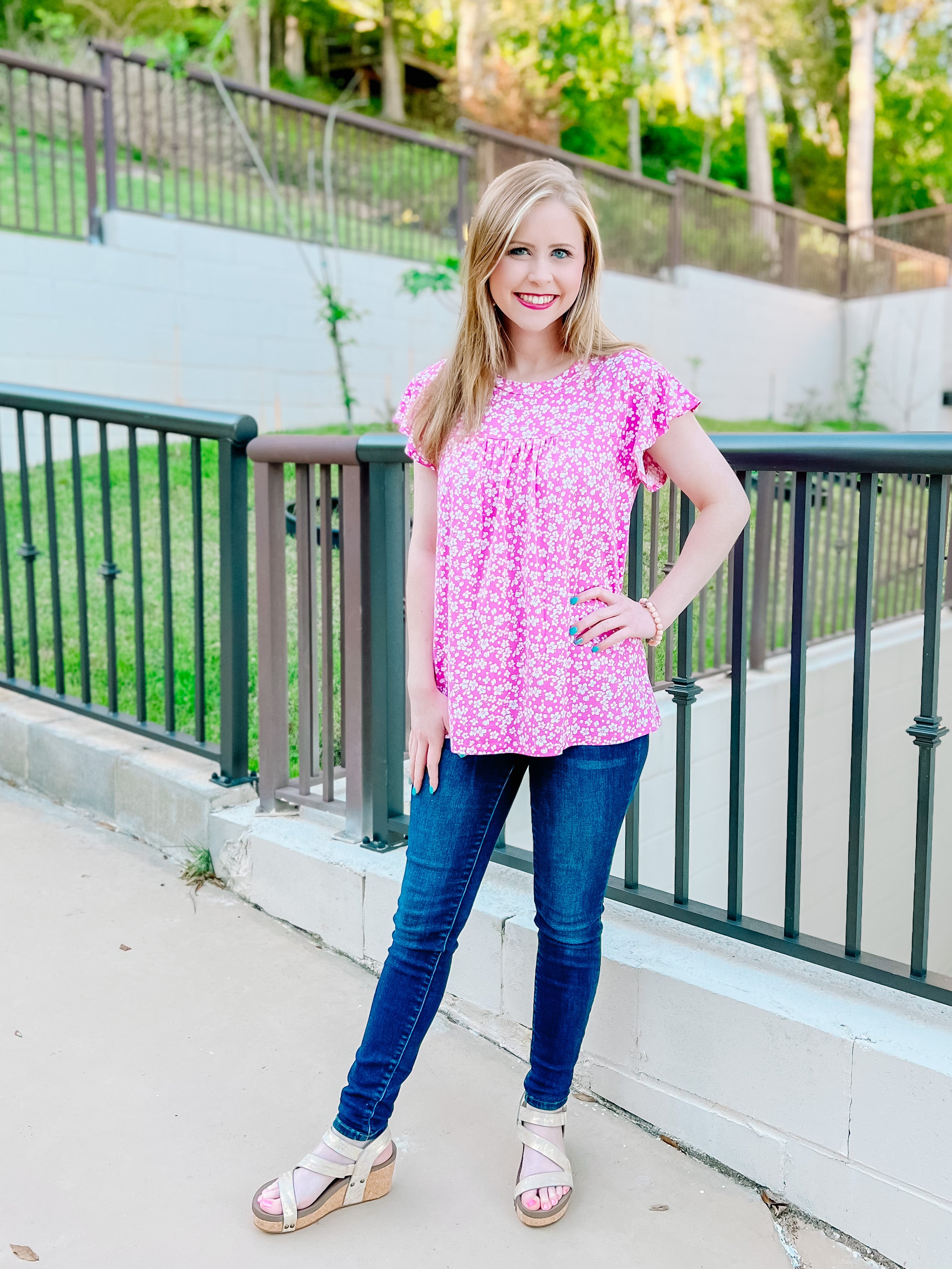 Fuchsia Floral Ruffle Short Sleeve Top- SALE