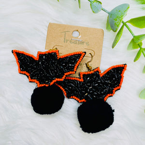 Black Orange Beaded Bat Earrings
