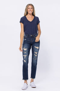 Judy Blue Darkwash Mid Rise Destroyed Boyfriend Jeans - PLUS