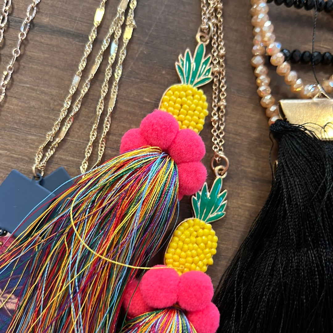 Multi Pineapple Beaded Tassel Necklace