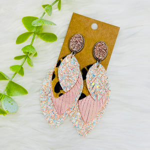 Peach Pink Leopard Glitter Layered Druzy Earrings