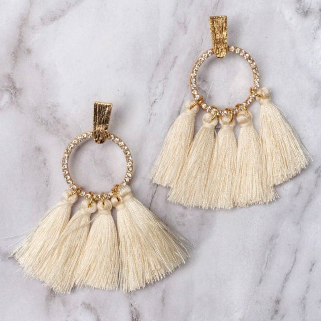 Cream Tassel Round Dangly Earrings