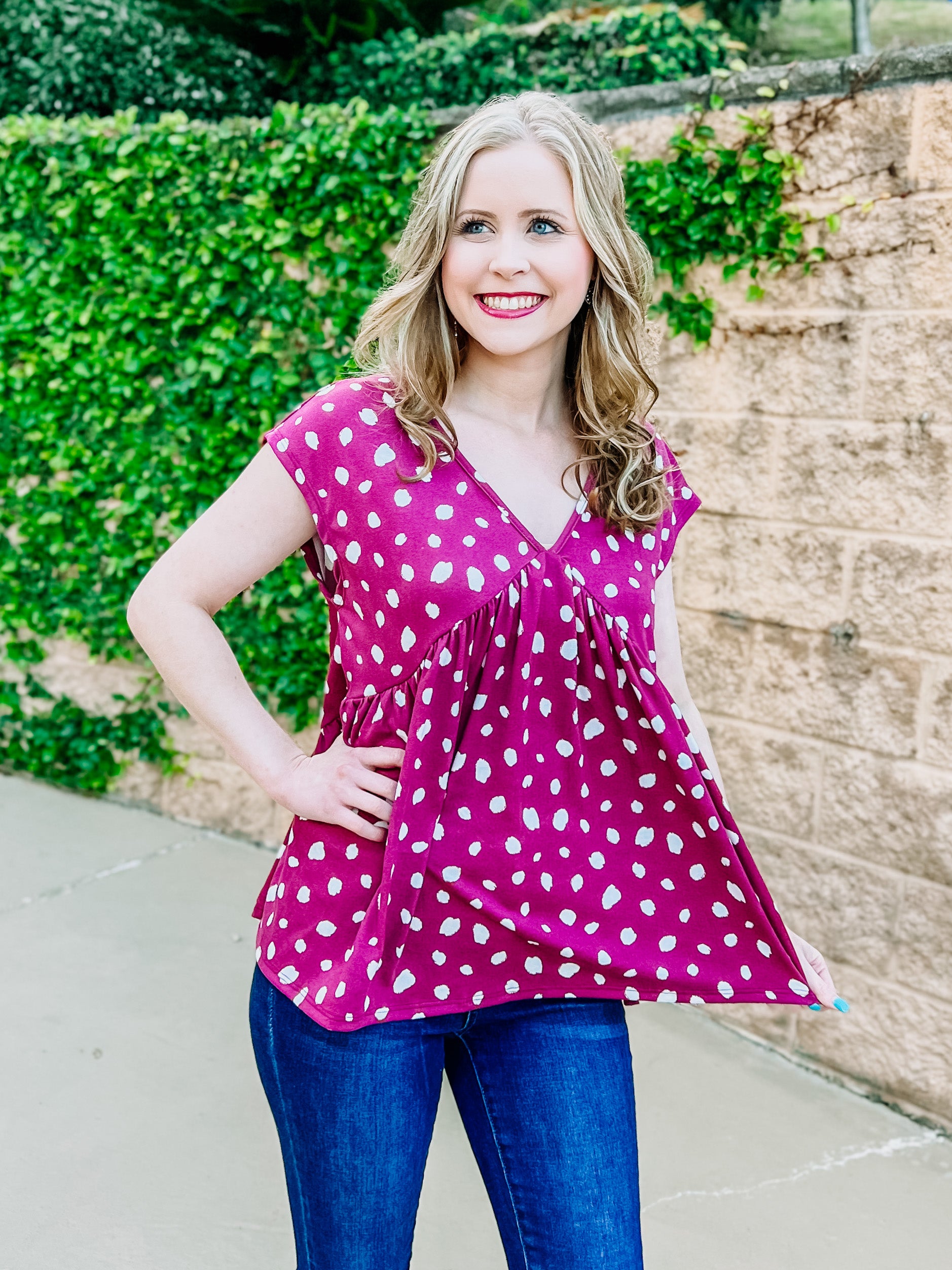 Berry Pink Animal Printed Flouncy Vneck Top