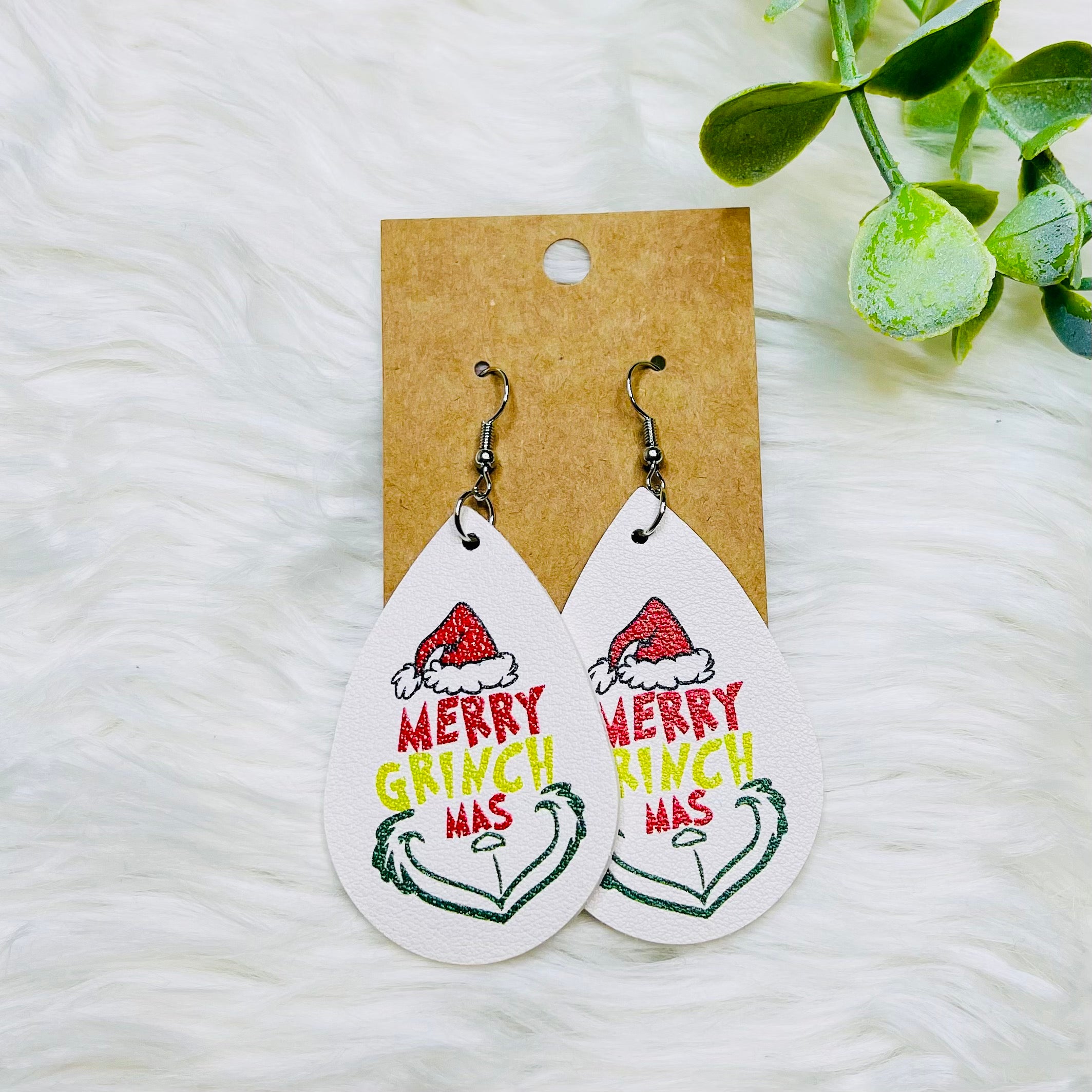 Grinch Faux Leather Teardrop Earrings