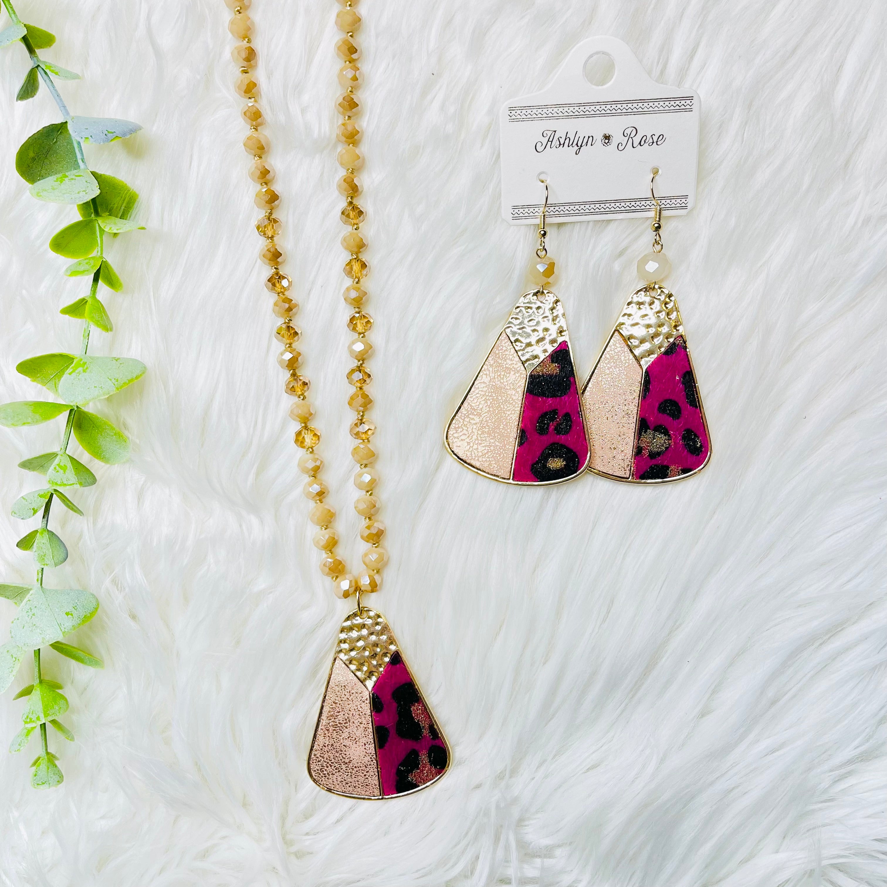 Magenta Leopard Gold Metal Beaded Necklace