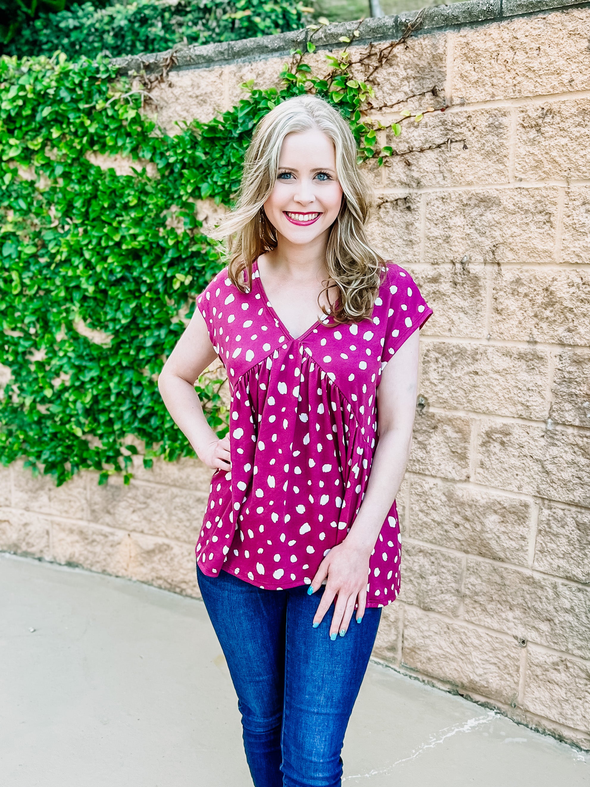 Berry Pink Animal Printed Flouncy Vneck Top