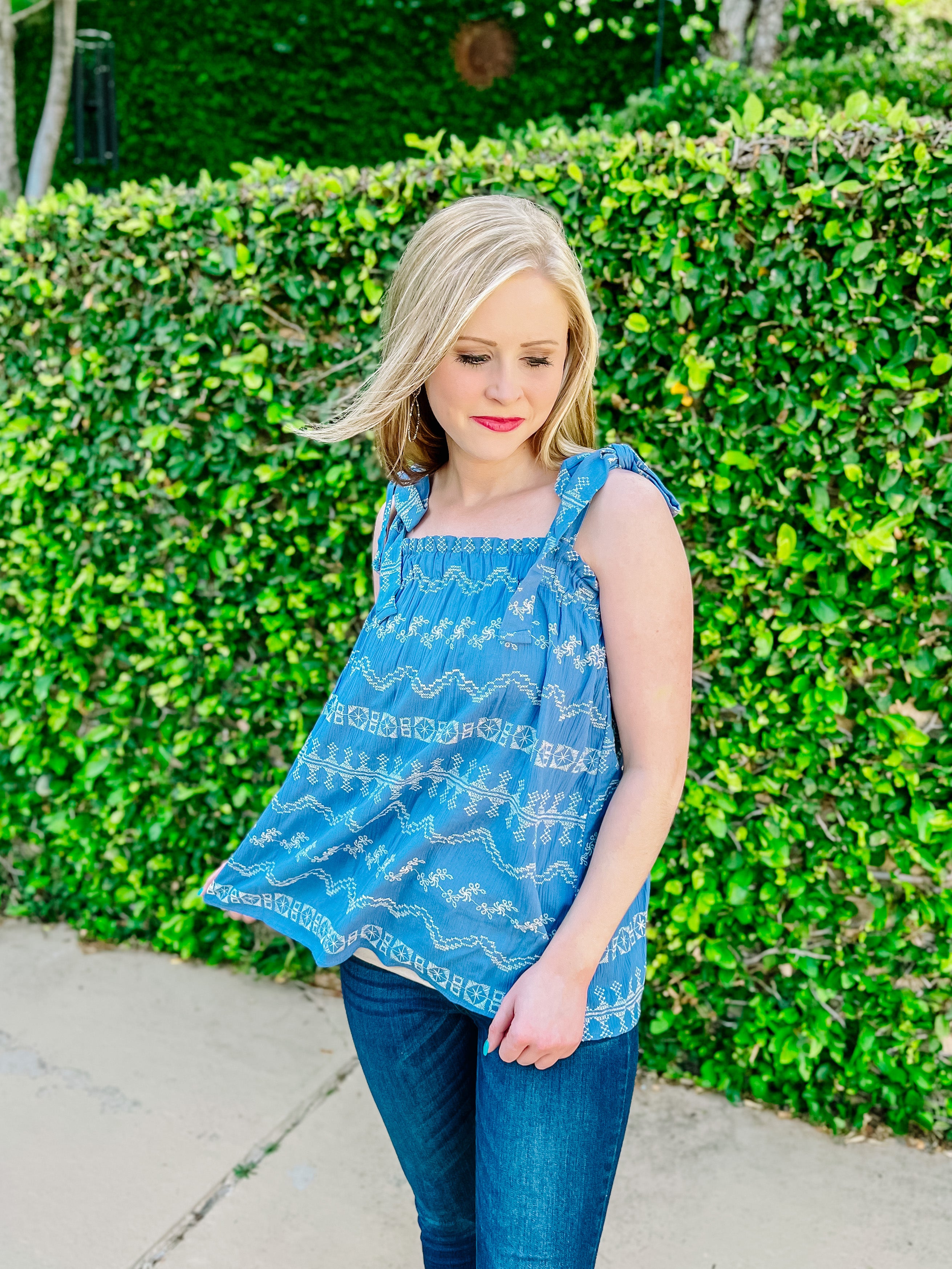 Denim Blue Tie Sleeve Embroidered Tank- SALE