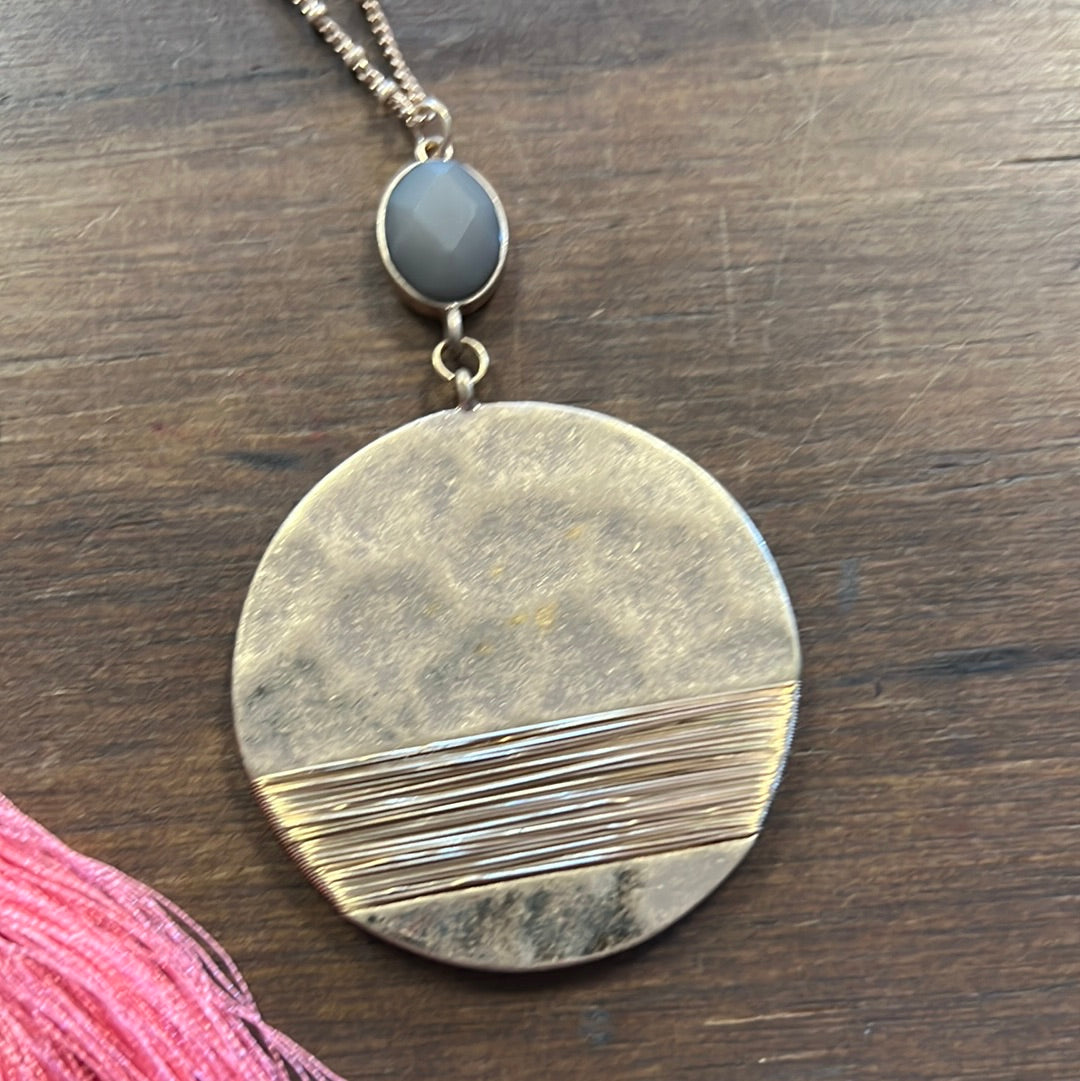 Grey Stone Gold Round Wrapped Necklace