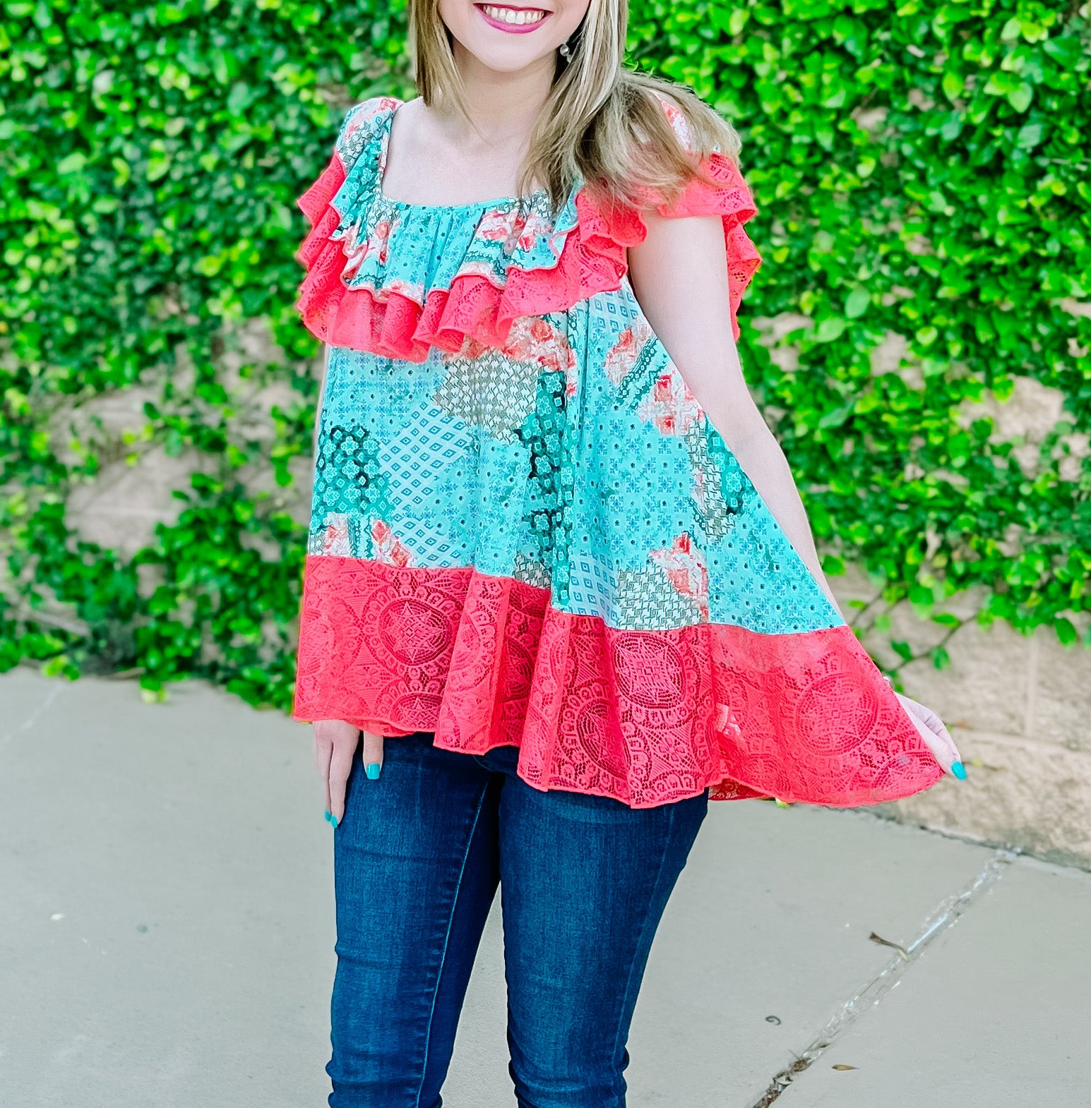 Teal Coral Ethnic Print Lace Ruffle Woven Top-PLUS