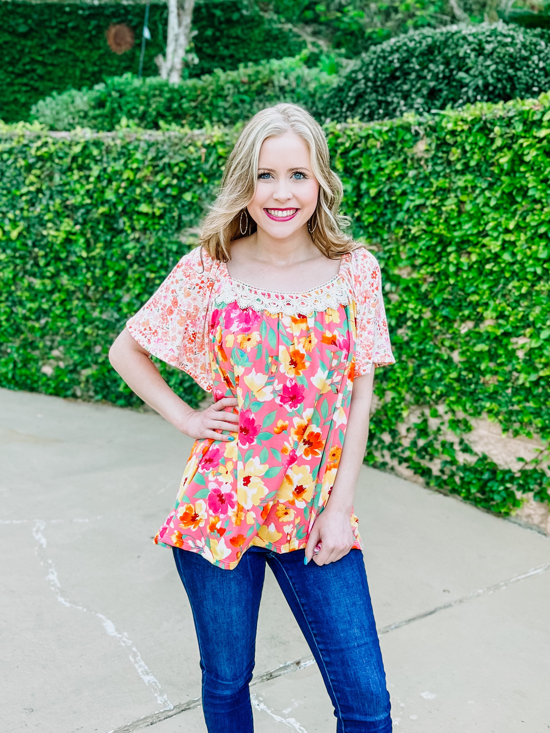 Peach Coral Yellow Mint Crochet Floral Abstract Blouse-PLUS