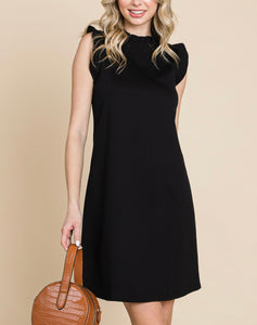 BLACK RUFFLE NECK SHIFT DRESS