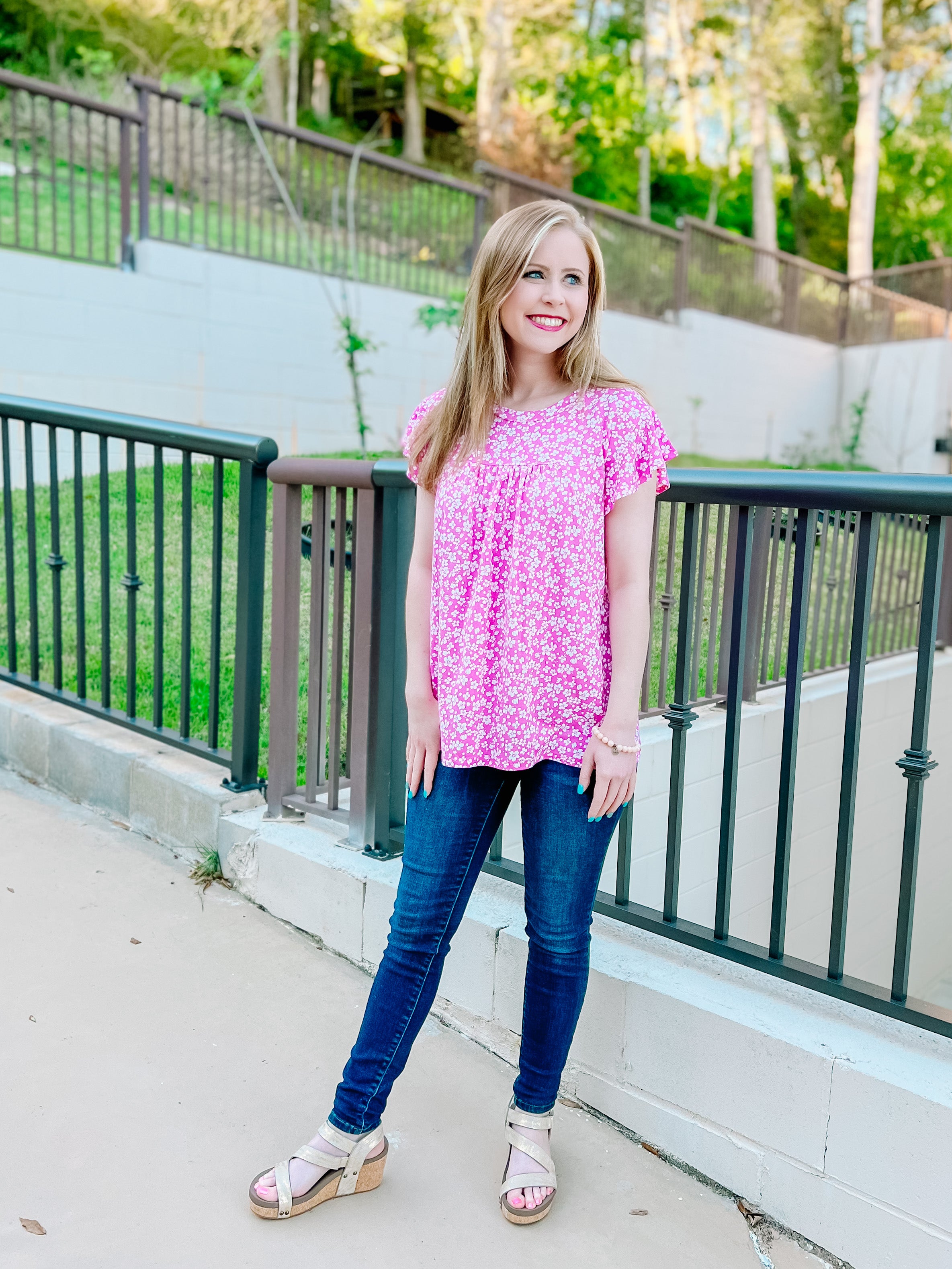 Fuchsia Floral Ruffle Short Sleeve Top- SALE