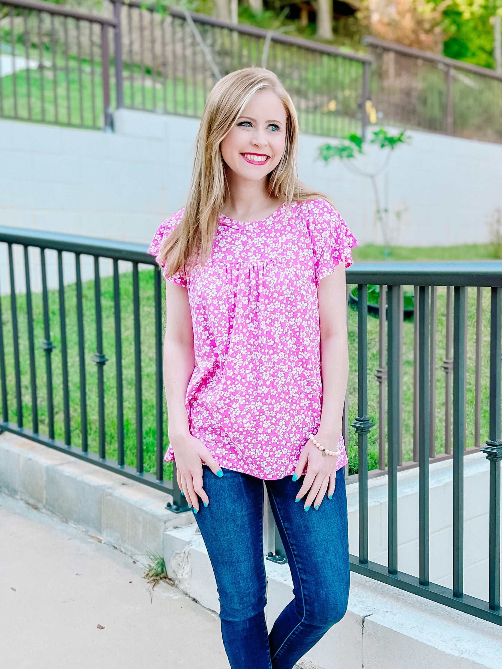 Fuchsia Floral Ruffle Short Sleeve Top- SALE