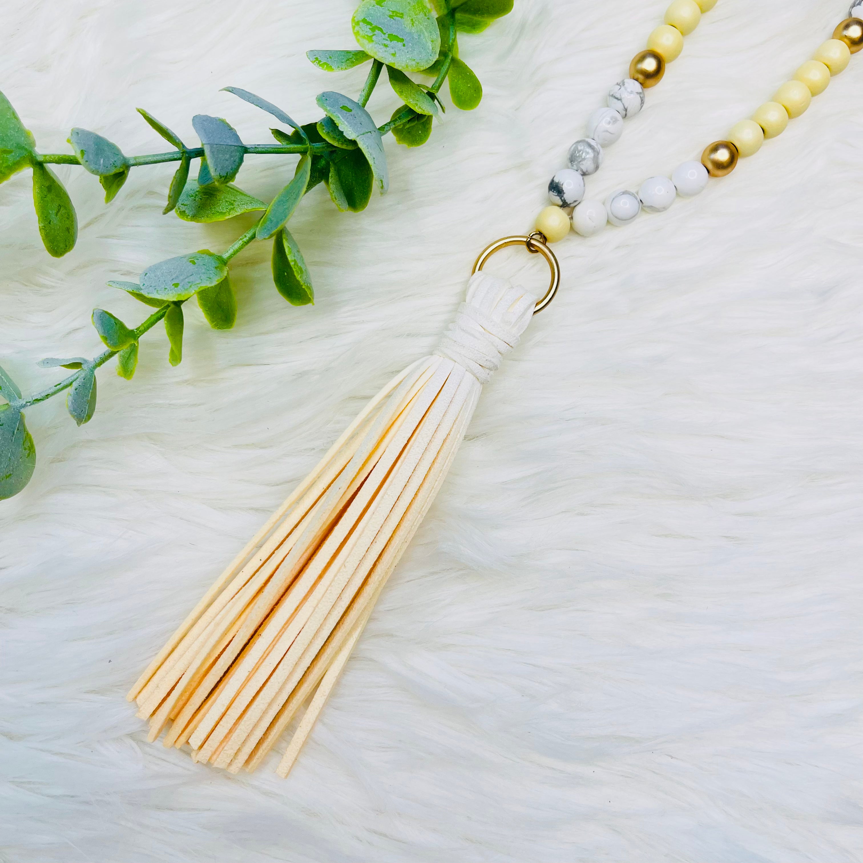 Wood Beaded Fabric Chain Tassel Necklace