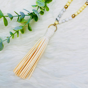 Wood Beaded Fabric Chain Tassel Necklace