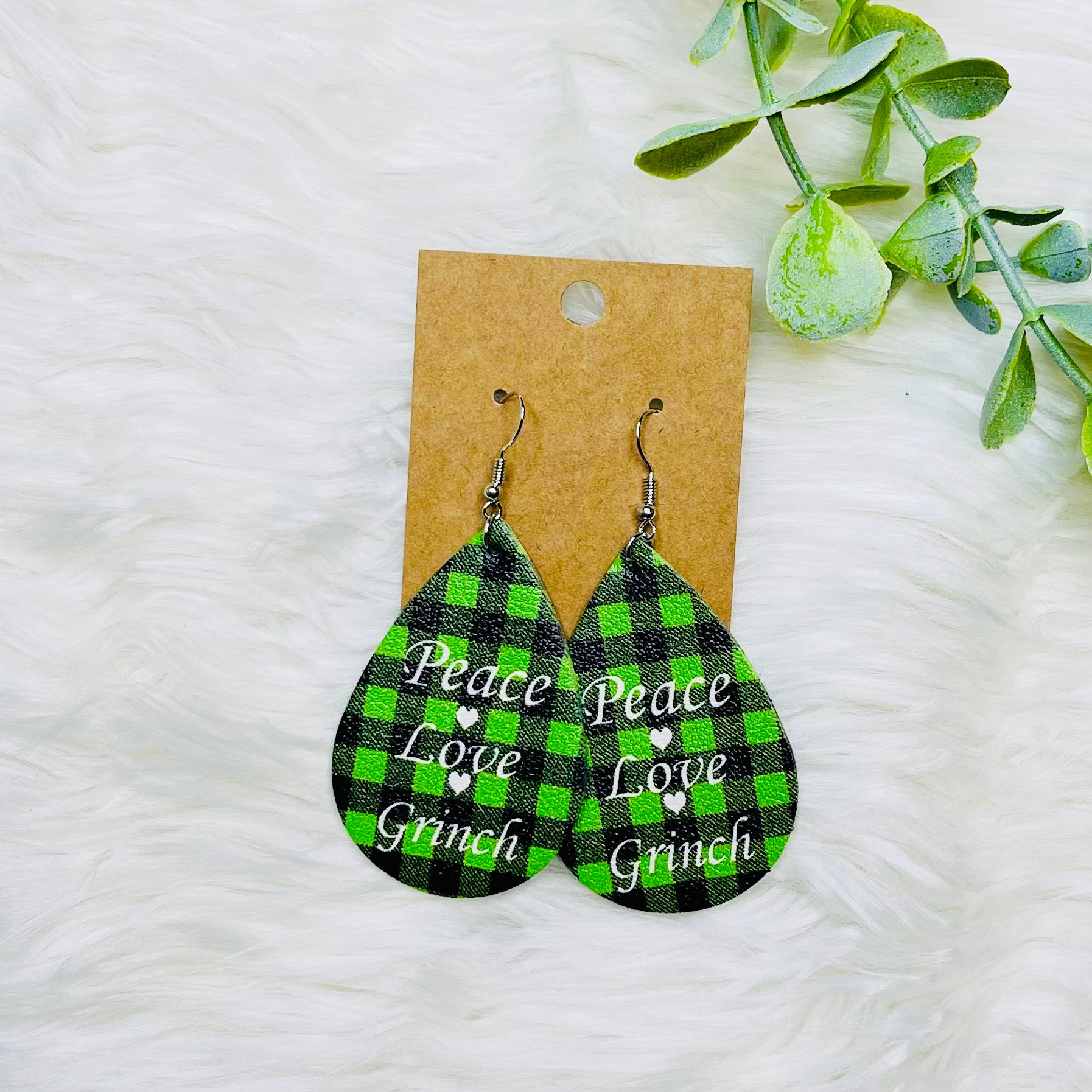 Grinch Faux Leather Teardrop Earrings