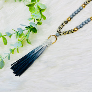 Wood Beaded Fabric Chain Tassel Necklace