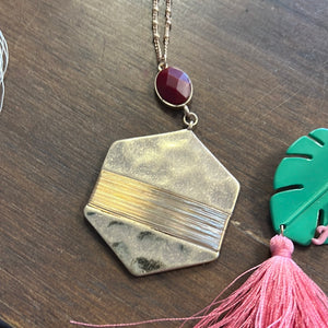 Gold Hexagon Burgundy Stone Necklace