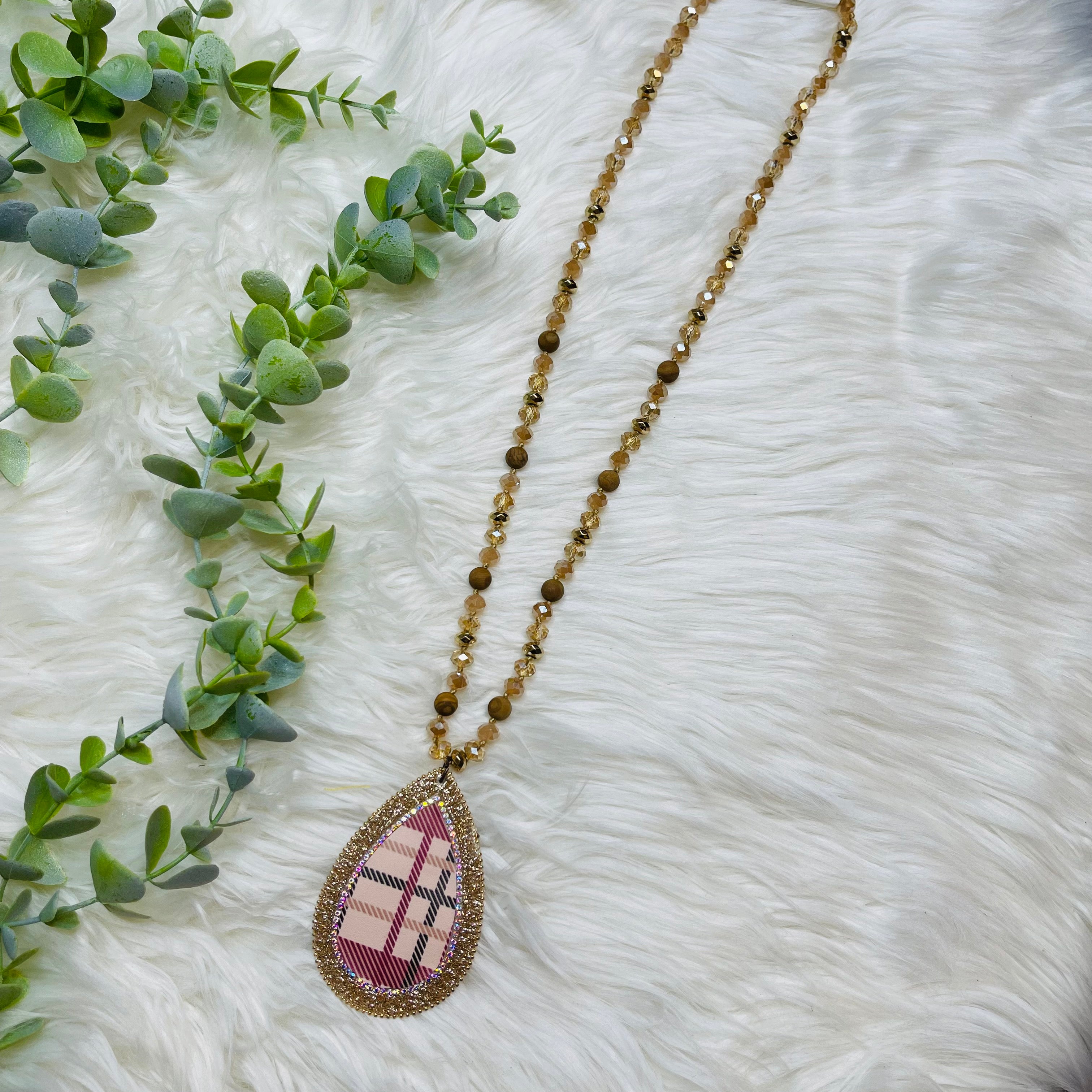 Cream Plaid Gold Multi Beaded Teardrop Necklace