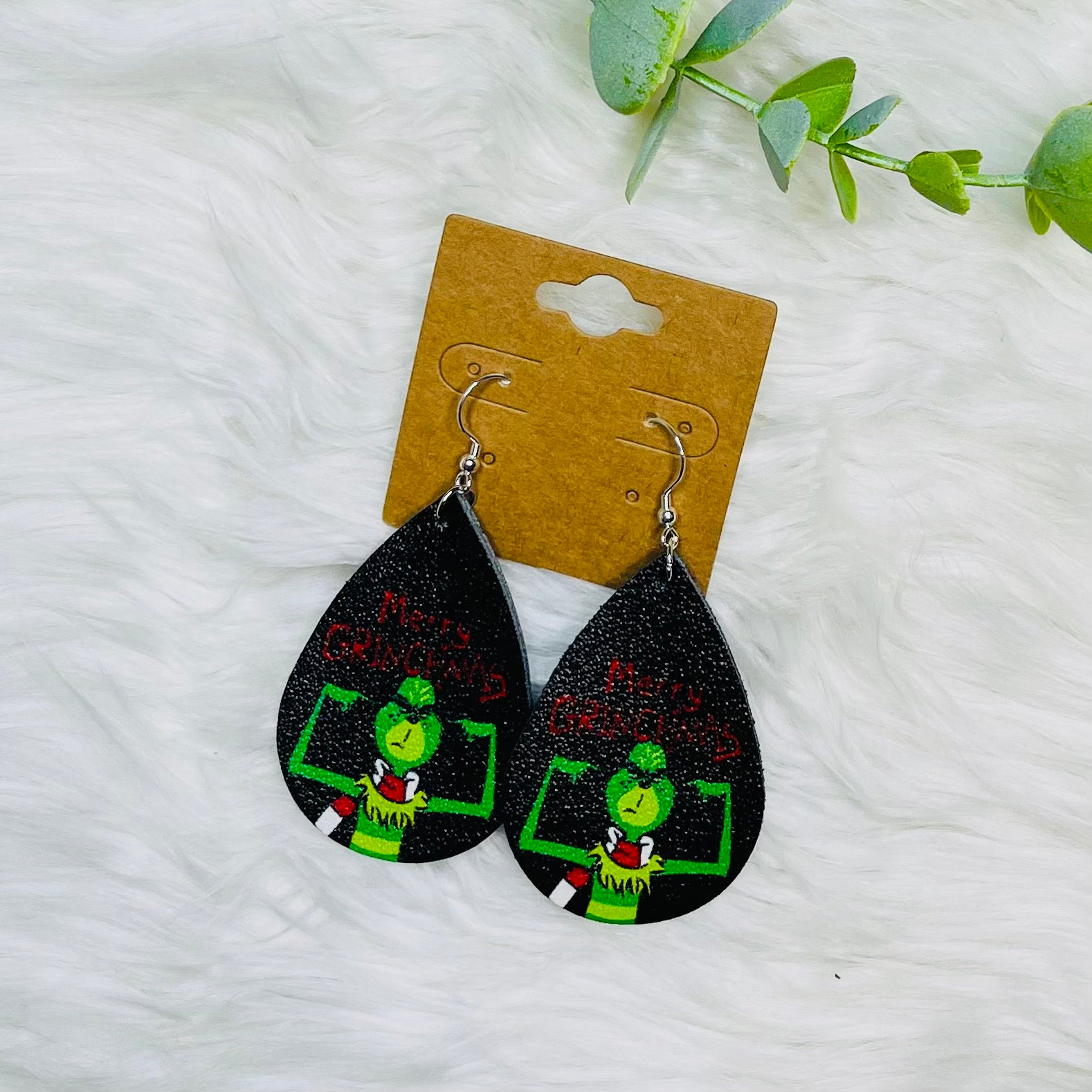 Grinch Faux Leather Teardrop Earrings