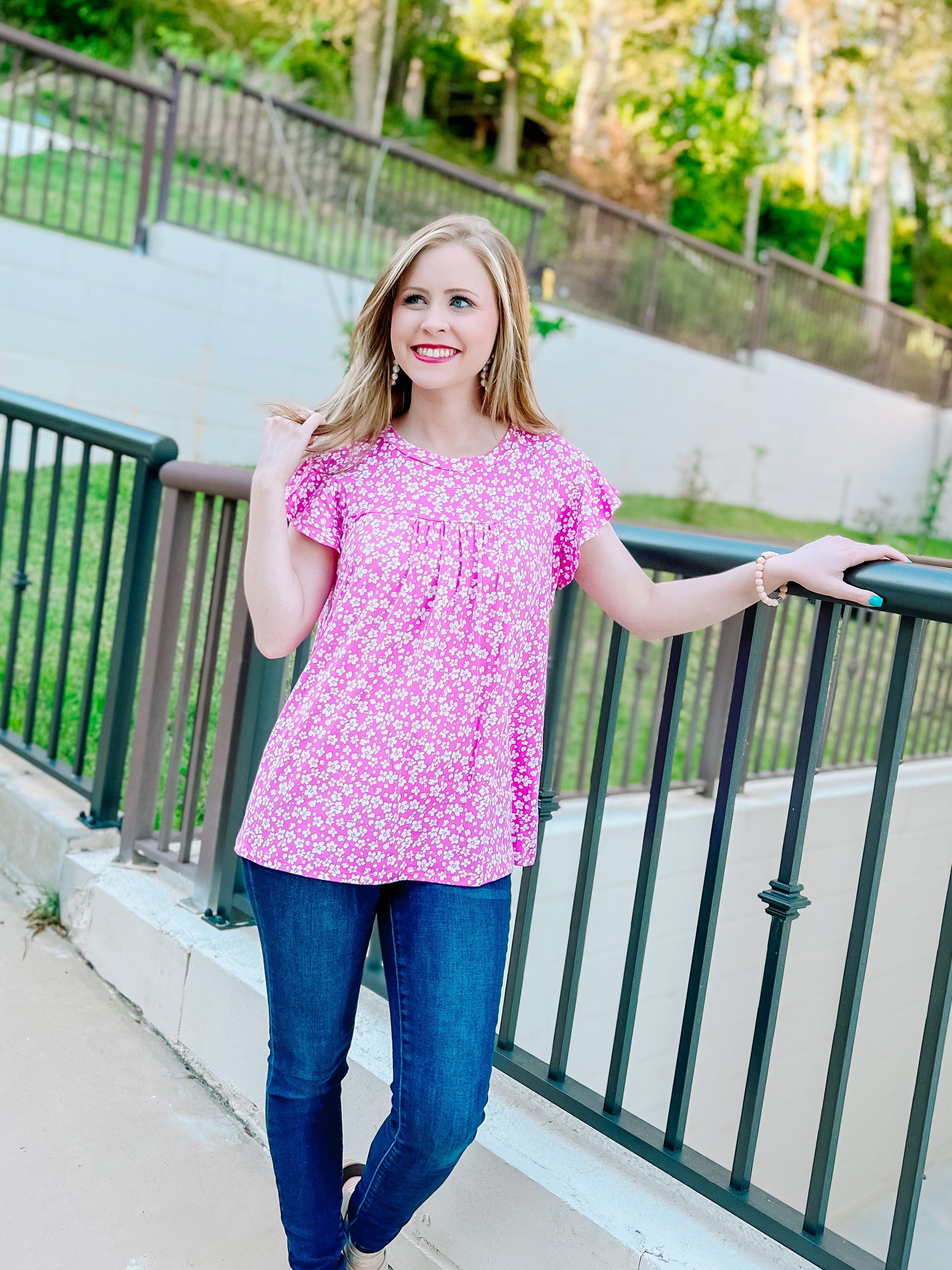 Fuchsia Floral Ruffle Short Sleeve Top- SALE