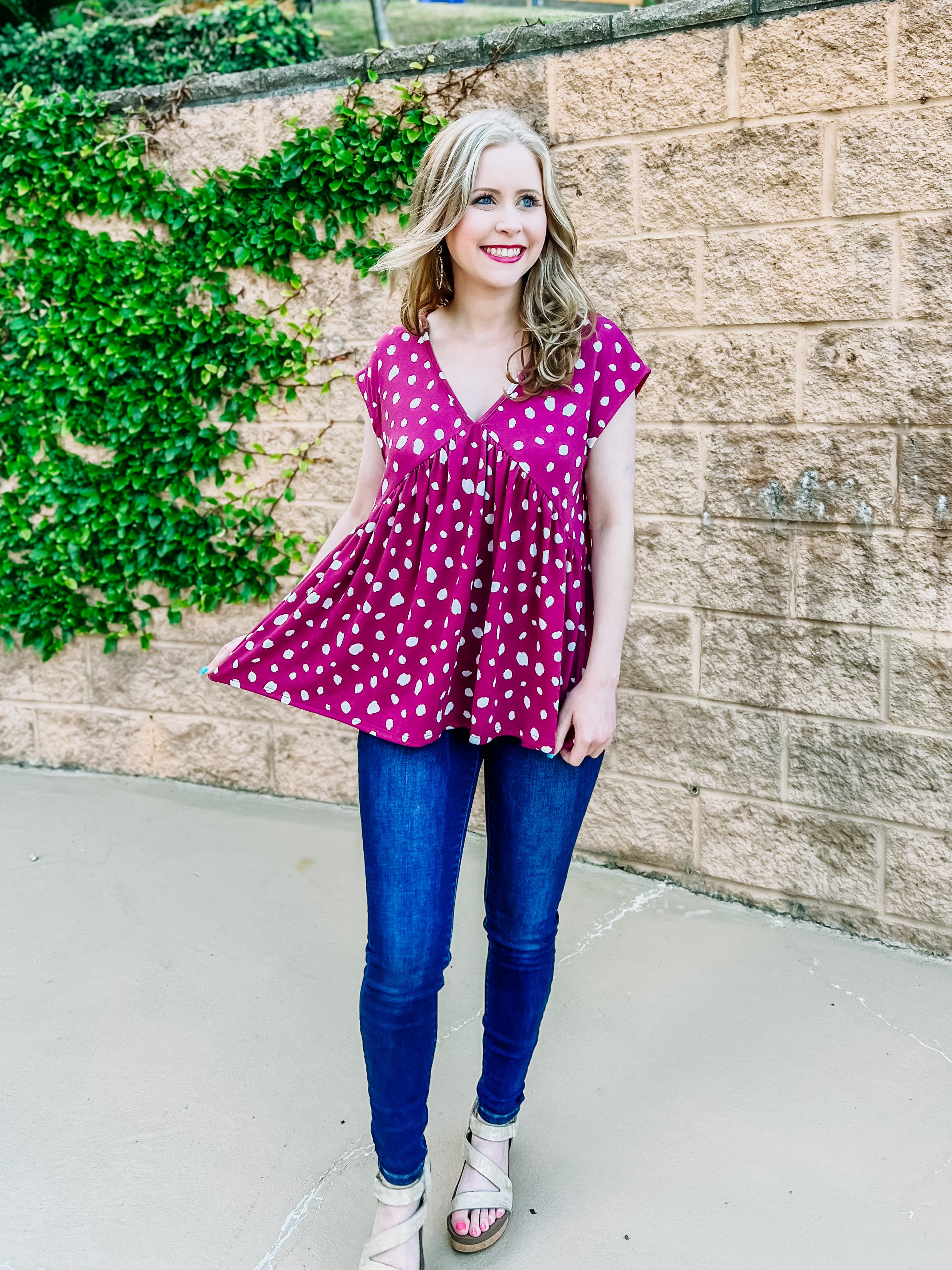 Berry Pink Animal Printed Flouncy Vneck Top