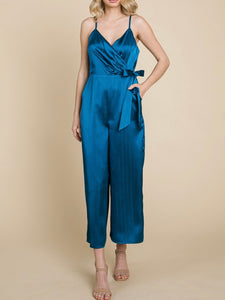 TEAL SATIN SHIMMER STRIPED JUMPSUIT