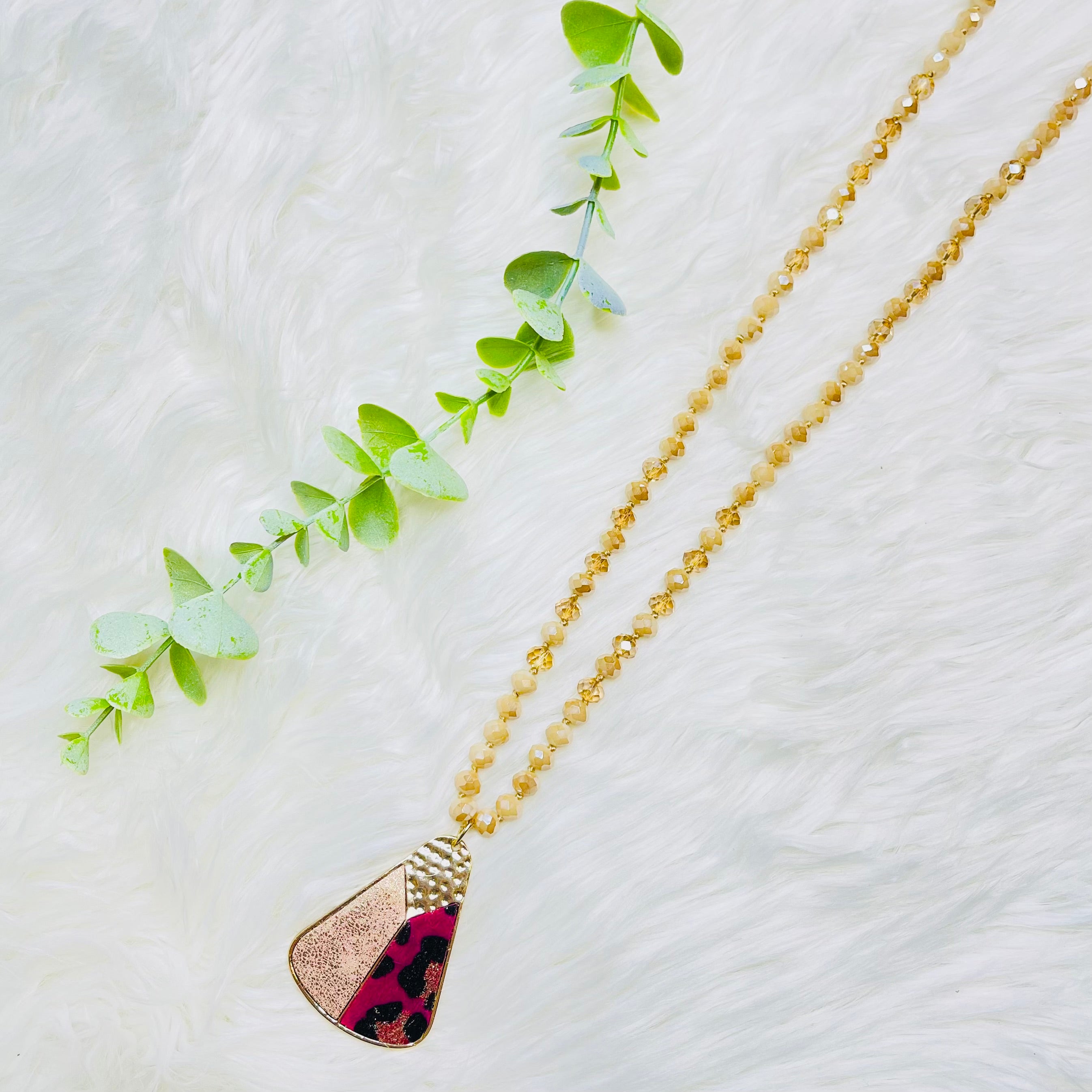 Magenta Leopard Gold Metal Beaded Necklace