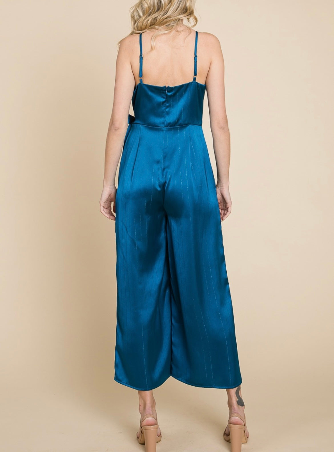 TEAL SATIN SHIMMER STRIPED JUMPSUIT