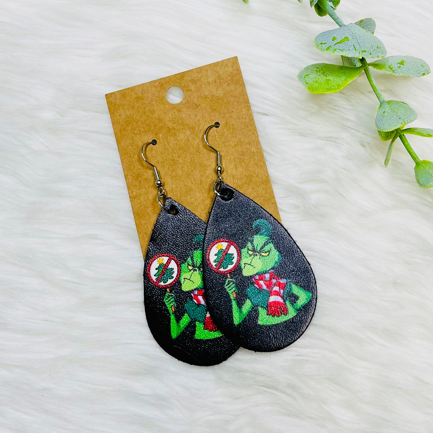 Grinch Faux Leather Teardrop Earrings