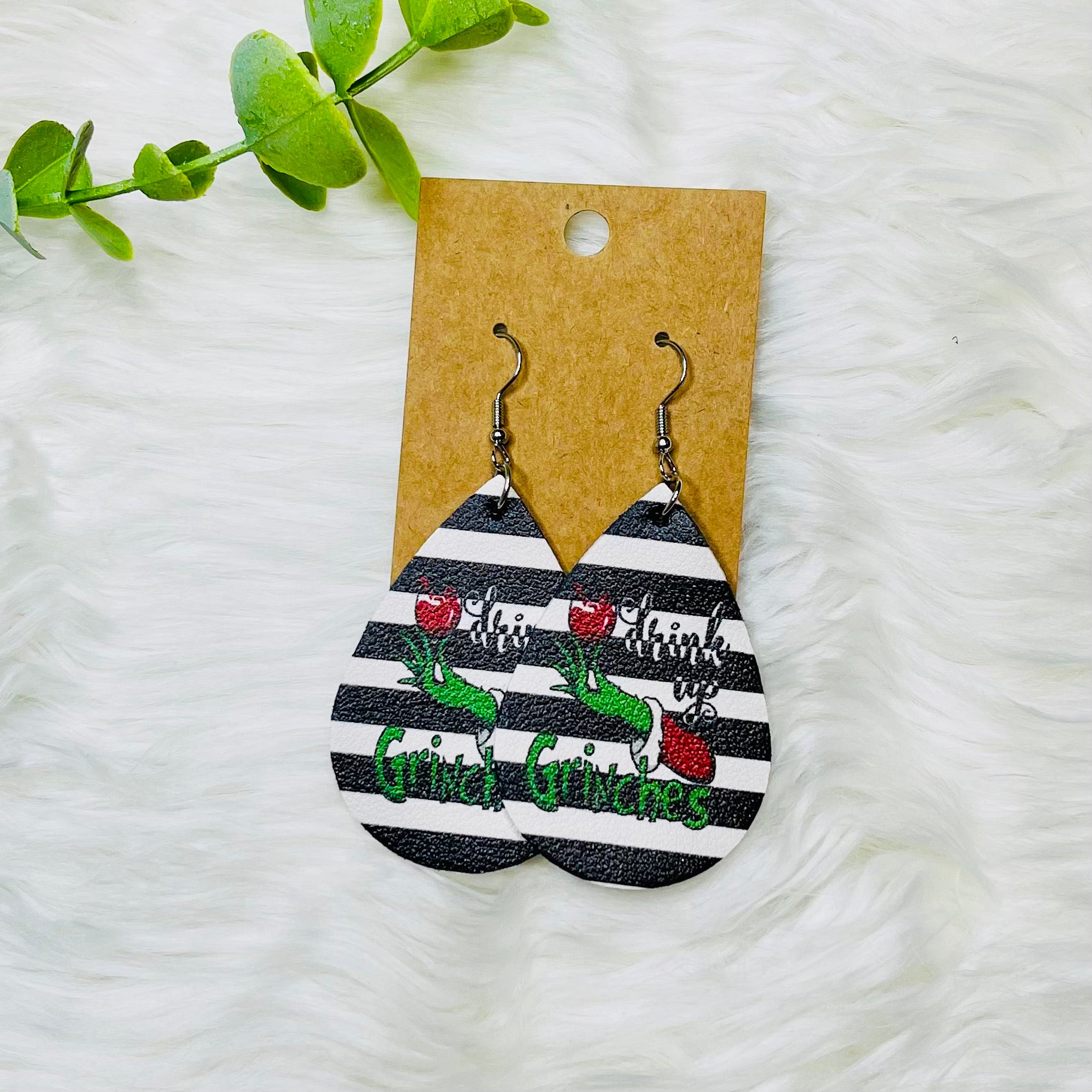 Grinch Faux Leather Teardrop Earrings